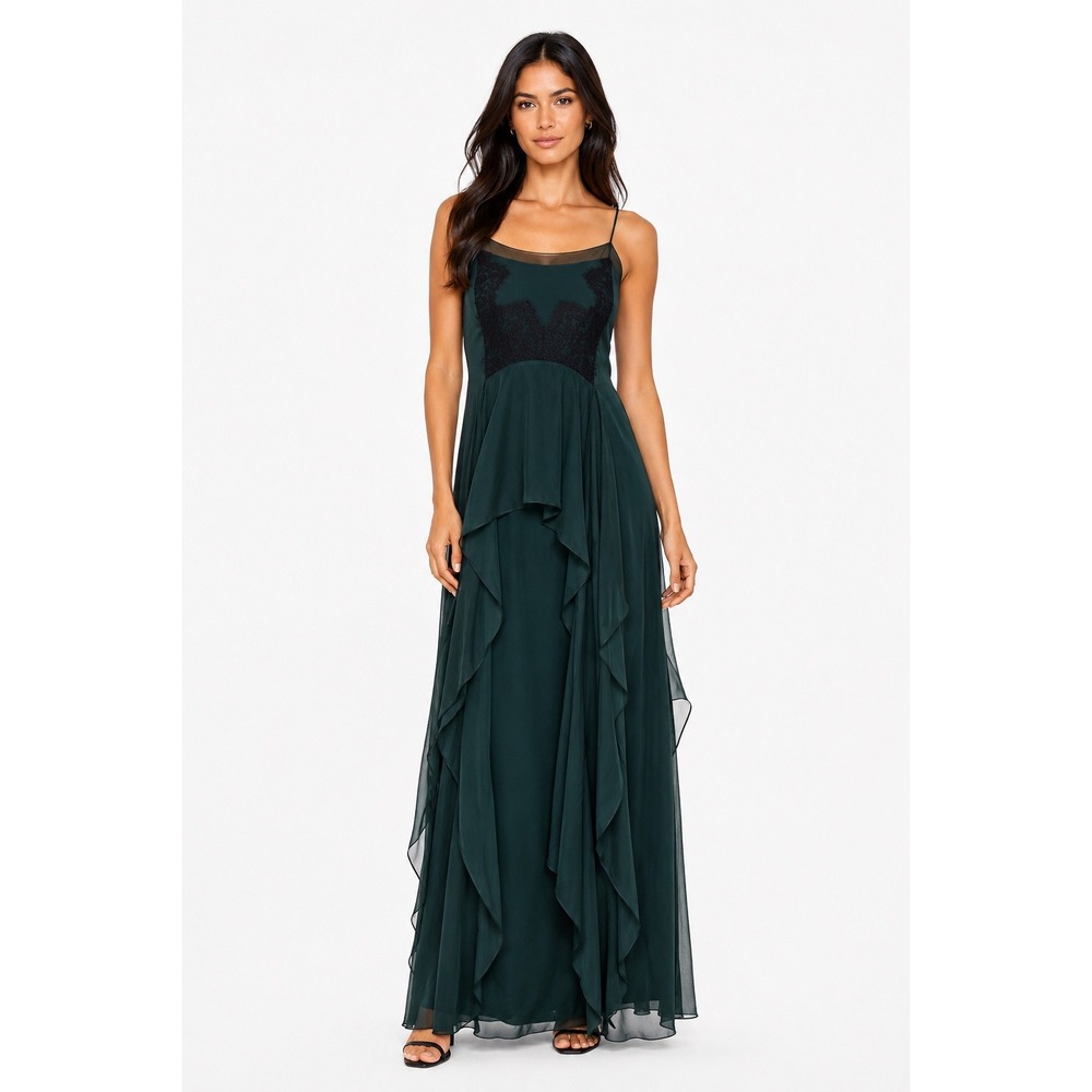 BCBGMAXAZRIA Runway Zahara Deep Green Lace Tiered Maxi Dress Silk XXS